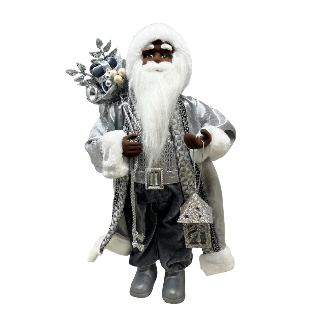 Silver/White Santa with Silver Bird Box